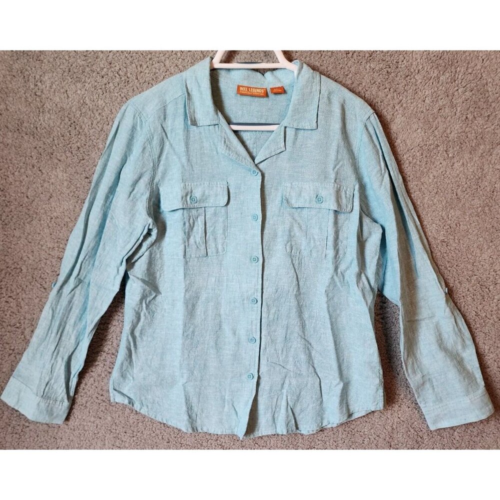 Reel Legends Women’s Long Sleeve Button Up Collared‎ Shirt Linen Blend Blue Sz L